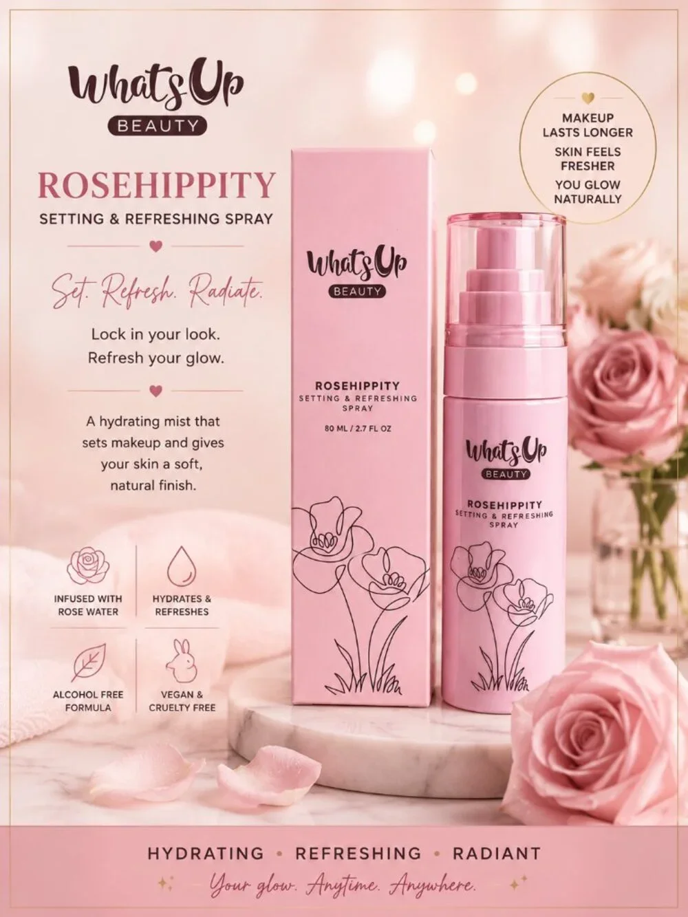 Whats Up Beauty RoseHippity Setting & Refreshing Spray 2.7 oz Makeup Setting Mis